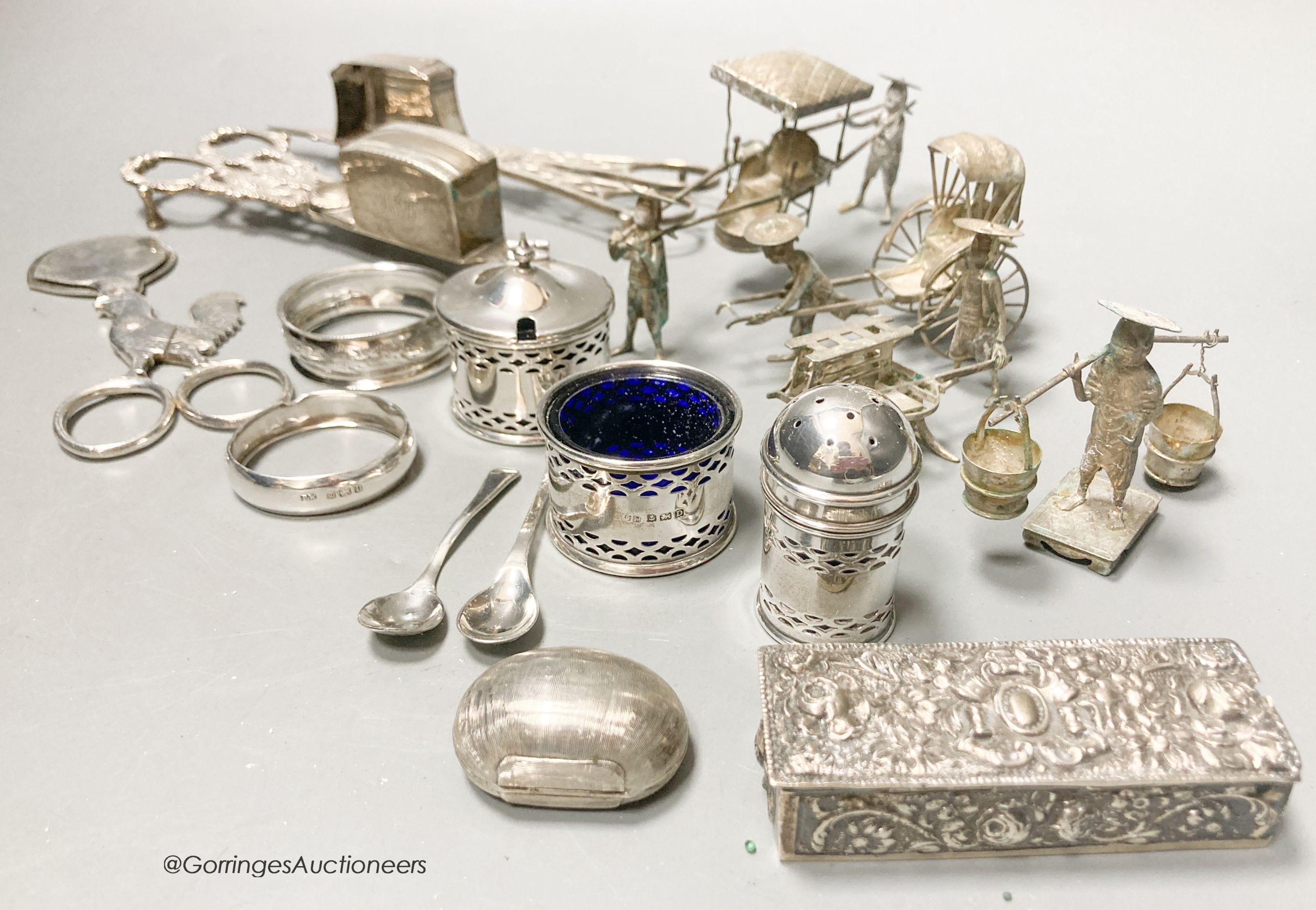 Sundry small silver including a pair of George III silver candle snuffers, Emes & Barnard, London, 1813, 17.4cm, another earlier pair, London, 1795, three silver condiments and other items.